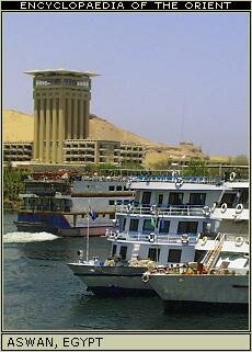 Feluccas and cruise boats docked at Aswan, Egypt.