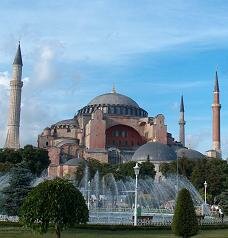 The outside of the Hagia Sophia, the 6th century church which was, with the Muslim takeover of Constantinople, converted first to a mosque, then a museum. Istanbul, Turkey.