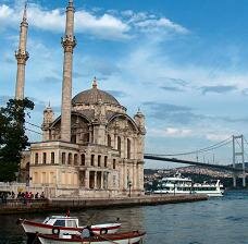 Ortaköy Mosque, which was built in the middle of the 19th century. Bosporus bridge in the back, connecting Europe an Asia. Istanbul, Turkey.