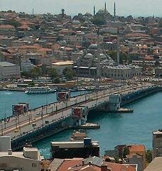 Karaköy bridge with Yeni (New) Mosque. Blue Mosque on the top of the skyline. Istanbul, Turkey.