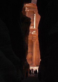 This is the famous gate to Petra. After walking more than a kilometre of a narrow gorge, it opens like a miracle to the so-called Treasury. Petra, Jordan