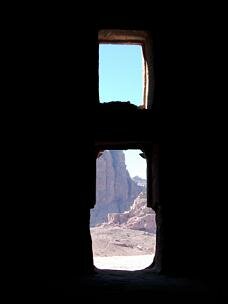 Inside the tomb of Sextius Florentius, looking out. What is there in the far is the Petra city centre. Petra, Jordan