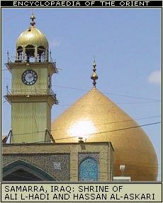 View of Samarra, Iraq from the spiral minaret of the Friday mosque. Two Shi'i shrines dominate the city; the golden over the tomb of 11th Imam, Hassan al-Askari, the coloured over the tomb of 10th Imam, Ali al-Hadi.