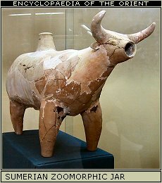 Zoomorphic jar, most probably for oil. Found in the Sin temple at Tutub (modern Khafajeh). Ca. 2600 BCE.