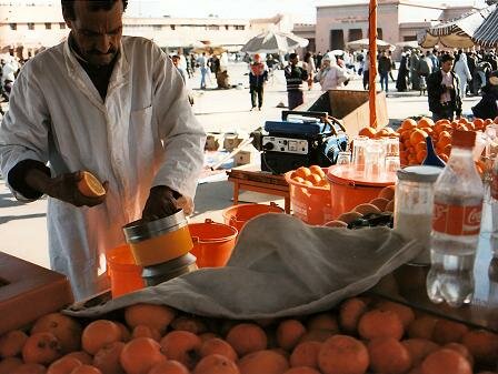Orange stalls at the Jemaa l-Fna, Marrakech, Morocco